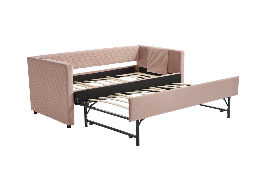 Pink velvet daybed, sturdy wooden bed frame, modern diamond grid pull-out design, perfect for bedroom, living room furniture - Grand Goldman Shop