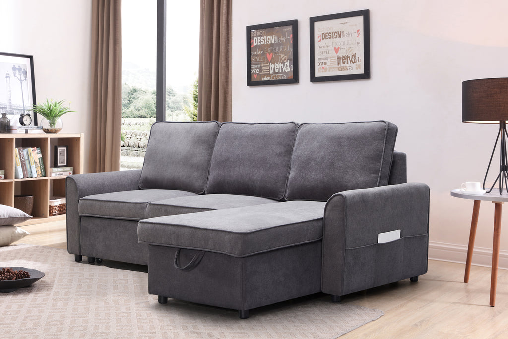 MGEA Modern modular L-shaped sofa bed with chaise longue, reversible sofa bed with pull-out bed and storage, 4-seat linen fabric convertible sofa for living room dark grey - Grand Goldman Shop