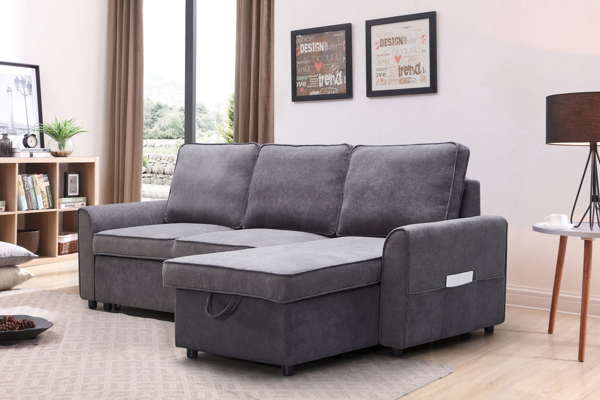 MGEA Modern modular L-shaped sofa bed with chaise longue, reversible sofa bed with pull-out bed and storage, 4-seat linen fabric convertible sofa for living room dark grey - Grand Goldman Shop