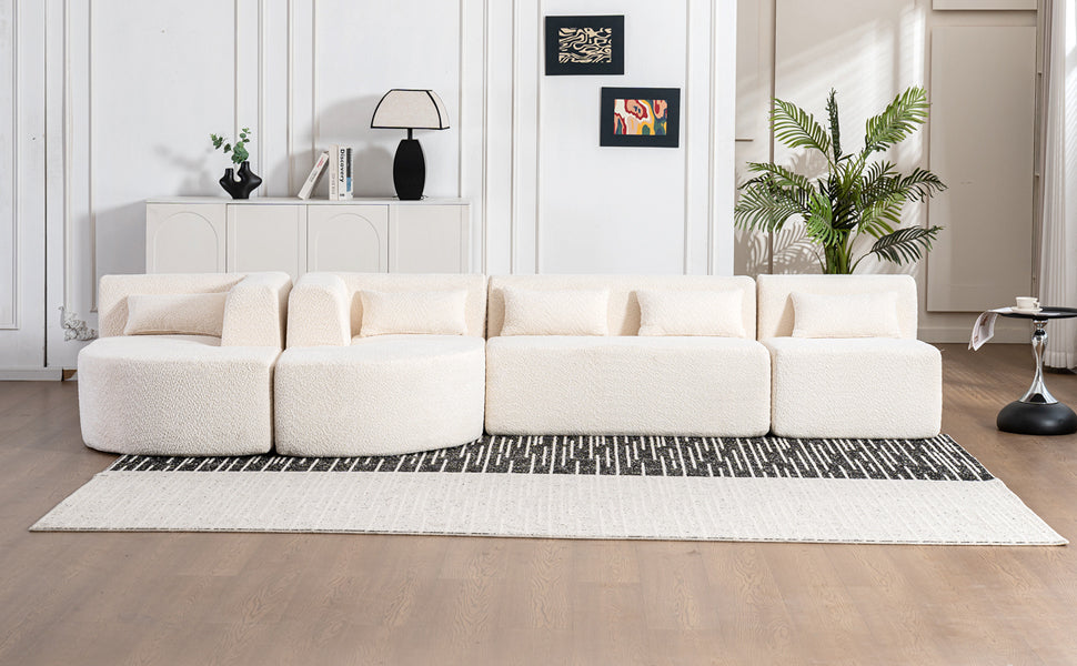 Modern Upholstered L-Shape Sofa with Chaise Lounge and Back Pillows, Beige Boucle Fabric, 144 inches - Grand Goldman Shop
