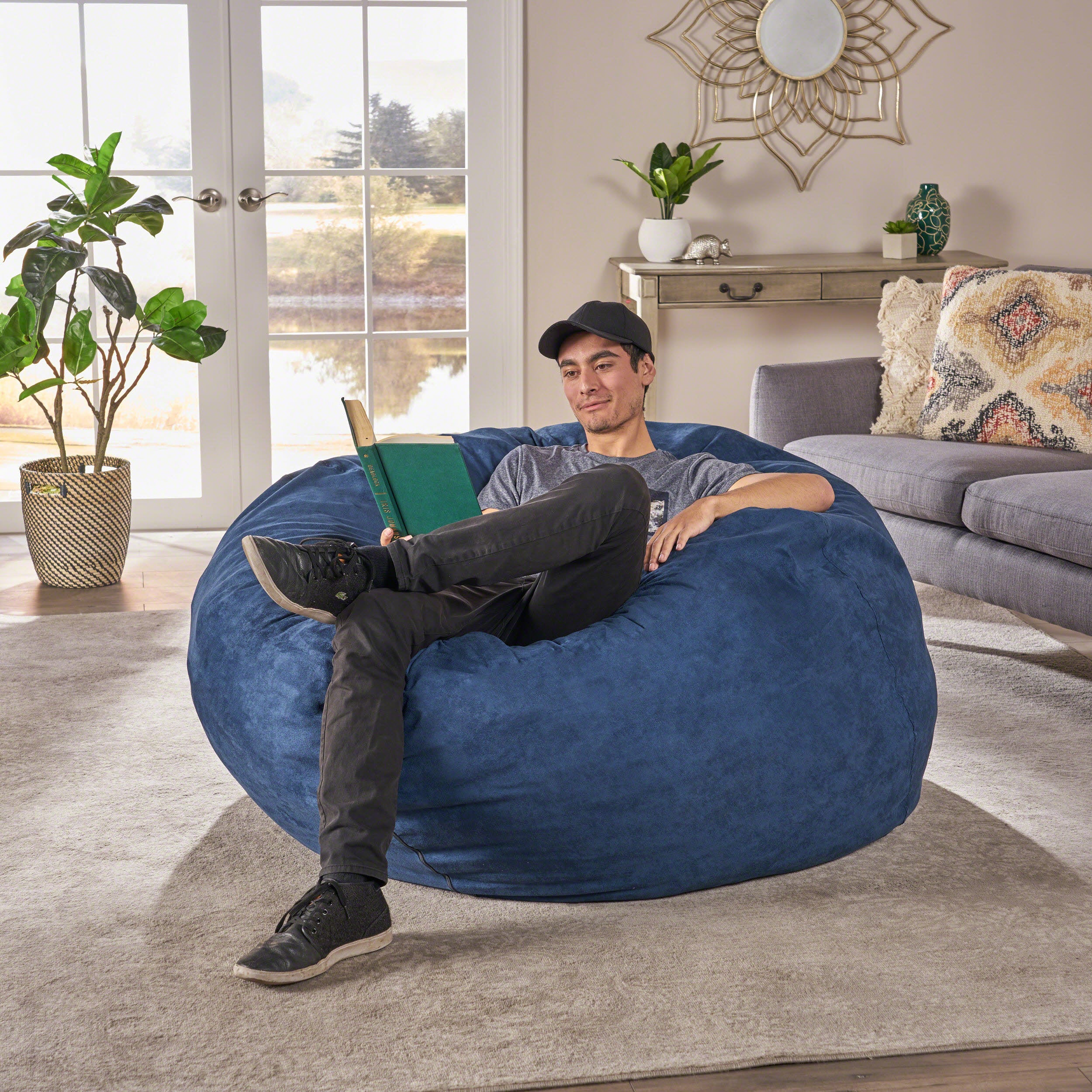 Comfortable High-Density Shredded Foam Bean Bag Chair with Removable Microsuede Cover, Midnight Blue - Grand Goldman Shop