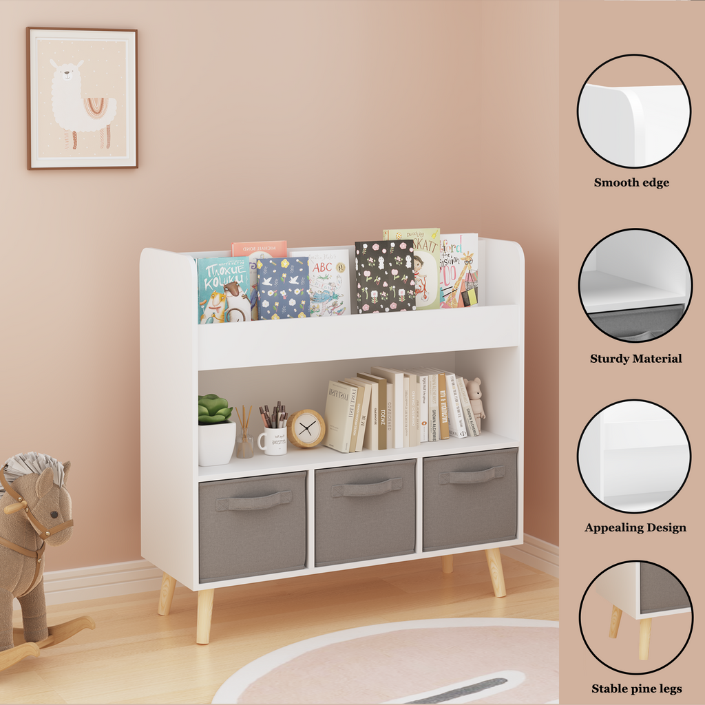 Kids Bookshelf with 3 Fabric Bins, Modern Children's Bookcase with Storage for Toys and Books, Toddler Book Organizer Shelf f