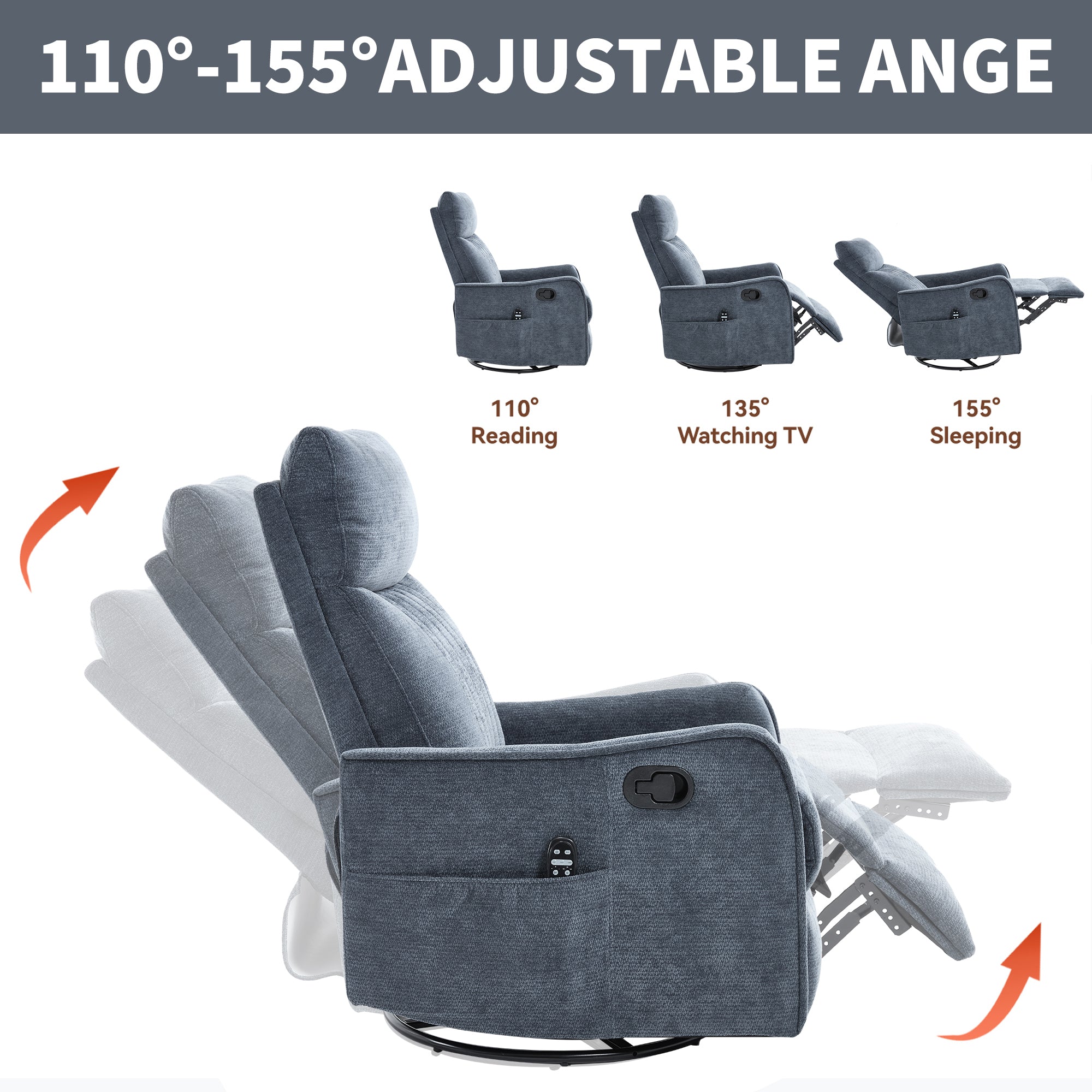 Blue Heat Massage Manual Recliner Chair with Rocker and Swivel in Fabric for Living Room - Grand Goldman Shop