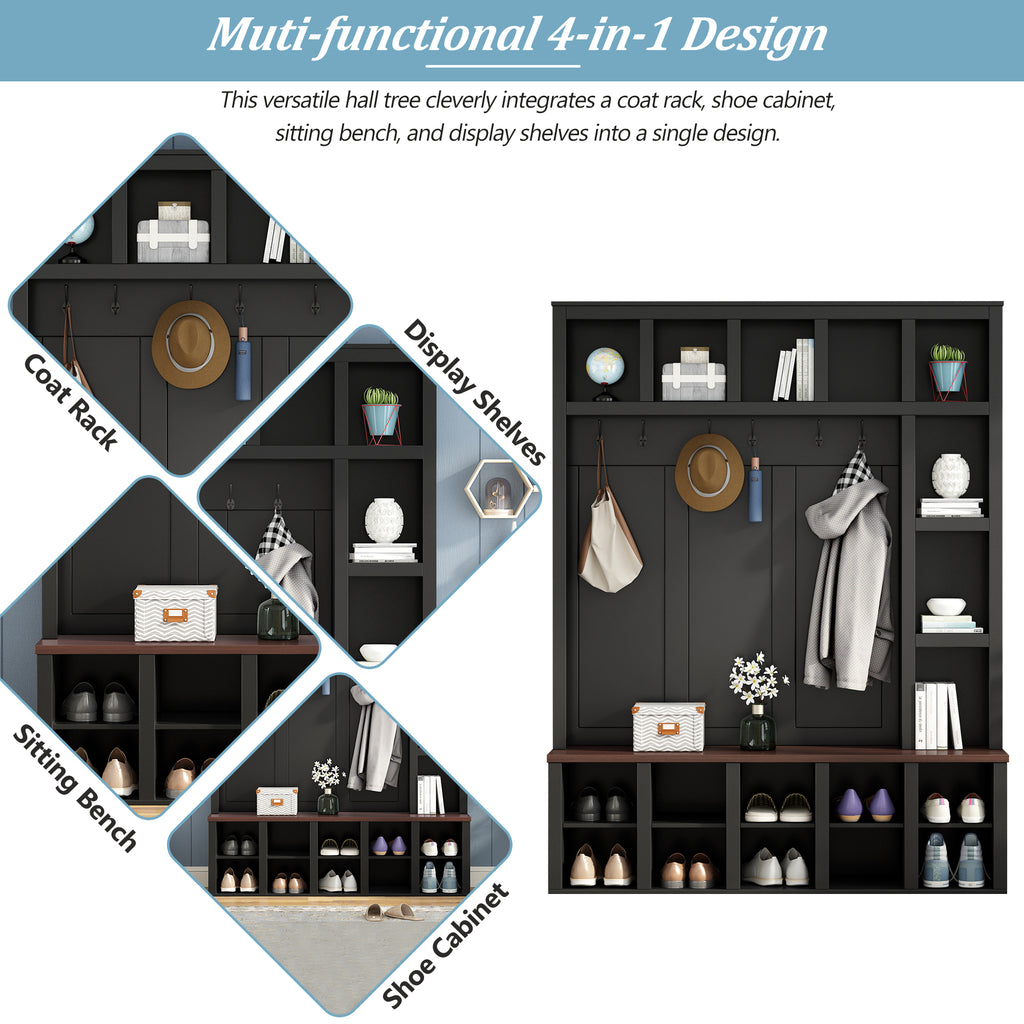 Farmhouse Wooden Hall Tree with 6 Hooks, Walnut Storage Bench with Adjustable Shelves,  4-in-1 Entryway Shoe Cabinet with Cubbies for Mudroom, Living Room, Black, 76.7'H (OLD SKU: N721S000044B) - Grand Goldman Shop