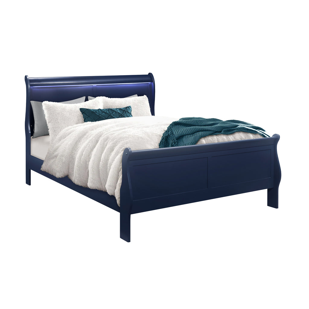Charlston Sleigh Style Queen Bedroom Set with LED Headboard in Blue Solid Wood and MDF - Grand Goldman Shop