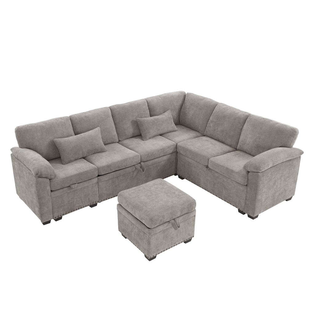 97 Inch L-Shaped Corner Sectional Sofa Couch with Storage Ottoman,Chenille Fabric Couch with 7 Seats & 2 Pillows for Living Room, Modern, Small Space, Easy Assembly,Grey - Grand Goldman Shop