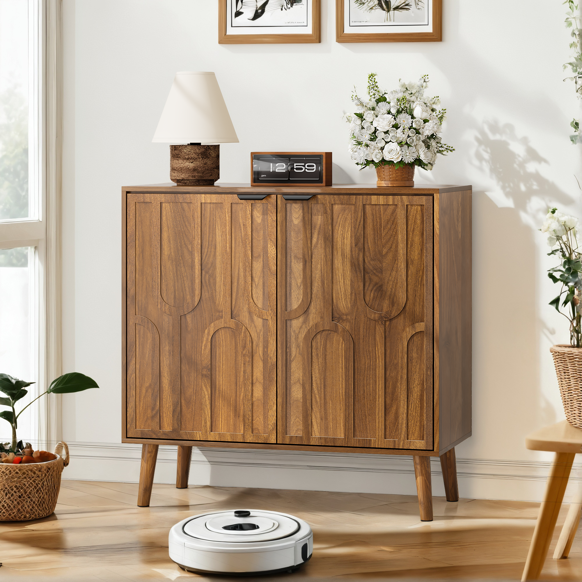 Farmhouse Style Sideboard Buffet Cabinet with Storage, Walnut Wood Coffee Bar Cabinet, 31.5' W - Grand Goldman Shop