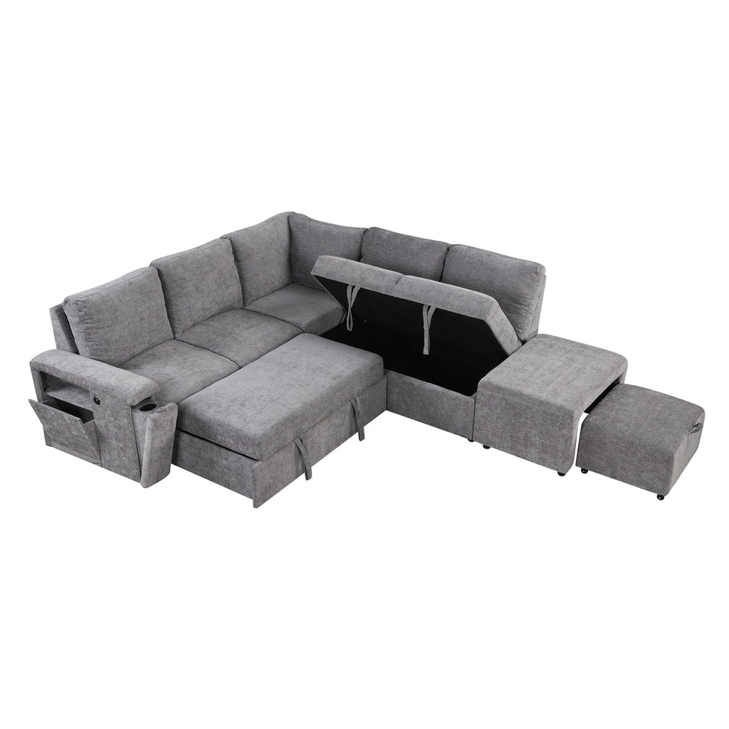 U_STYLE L-shaped Pull-Out Sofa Bed with Storage, USB Ports, and Cup Holders, Modular Design for Living Rooms, Offices & Apartments - Grand Goldman Shop