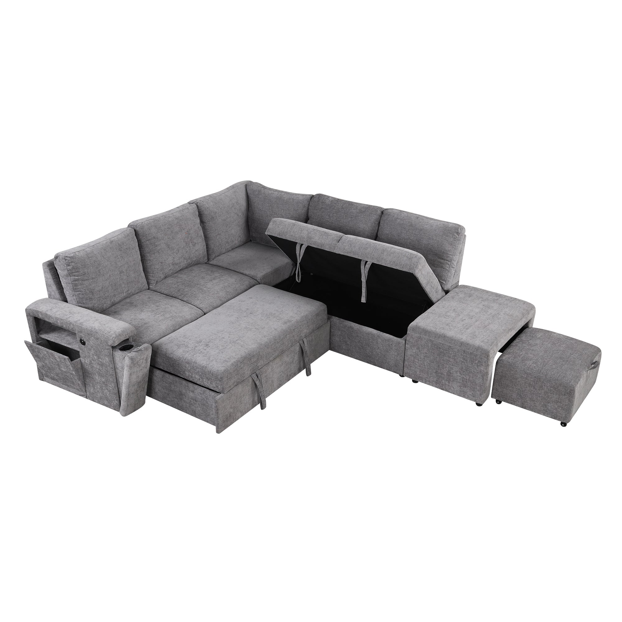 U_STYLE L-shaped Pull-Out Sofa Bed with Storage, USB Ports, and Cup Holders, Modular Design for Living Rooms, Offices & Apartments - Grand Goldman Shop
