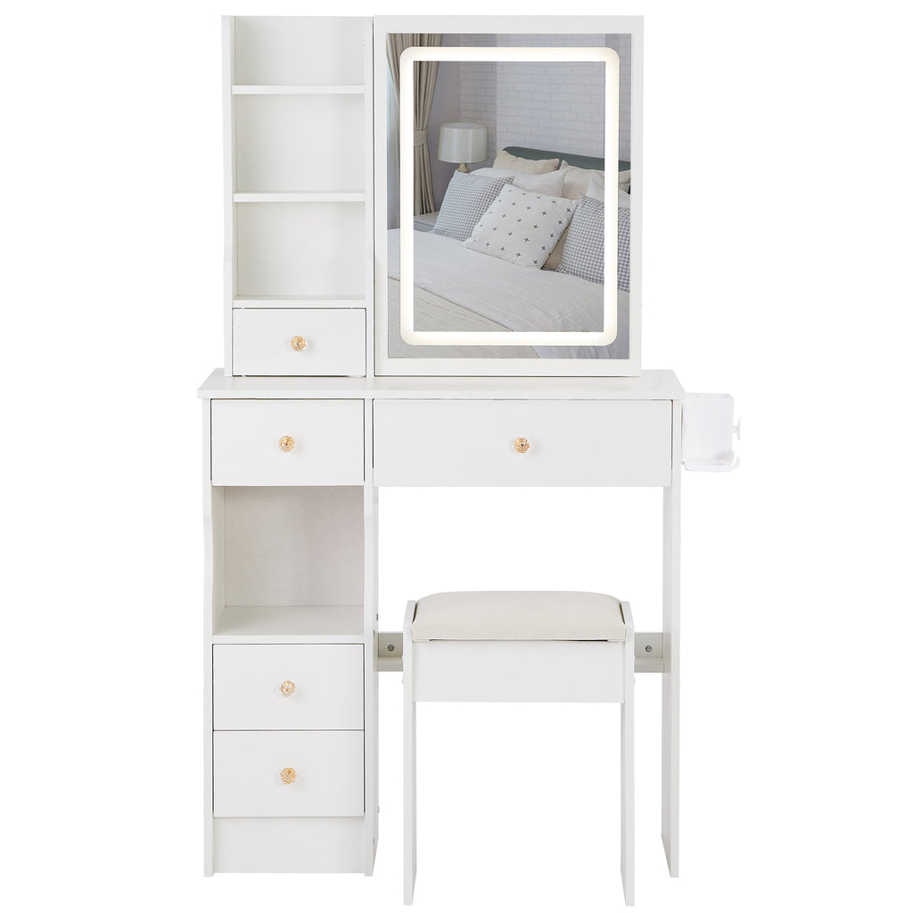 29.2' Small Size Left Drawer Desktop Vanity Table + Cushioned Stool, 2 AC+2 USB Power Station, Hair dryer bracket, Extra Large Touch Control Sliding LED Mirror, Tri-color Switching, Brightness Adjust - Grand Goldman Shop