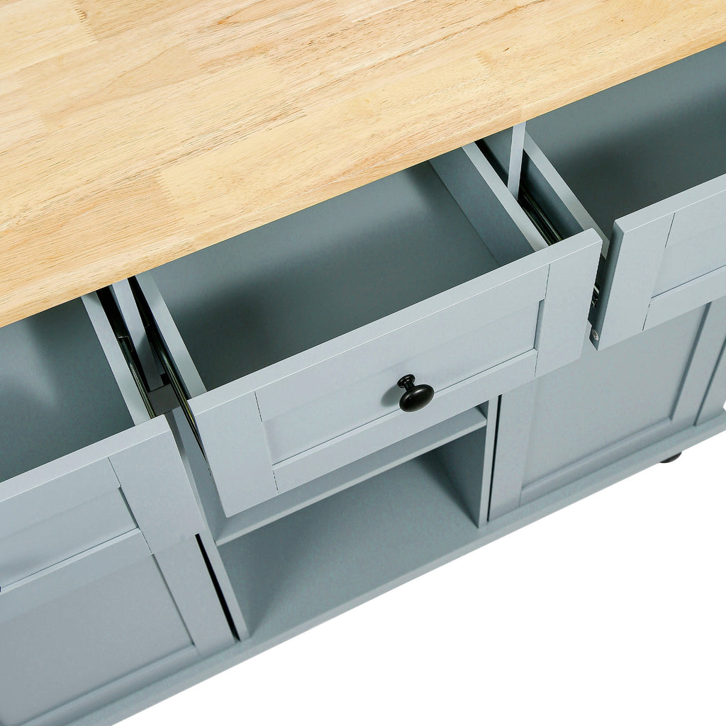 Kitchen Cart with Rubber wood Drop-Leaf Countertop ,Cabinet door internal storage racks,Kitchen Island on 5 Wheels with Storage Cabinet and 3 Drawers for Dinning Room, Grey Blue - Grand Goldman Shop