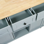 Kitchen Cart with Rubber wood Drop-Leaf Countertop ,Cabinet door internal storage racks,Kitchen Island on 5 Wheels with Storage Cabinet and 3 Drawers for Dinning Room, Grey Blue - Grand Goldman Shop