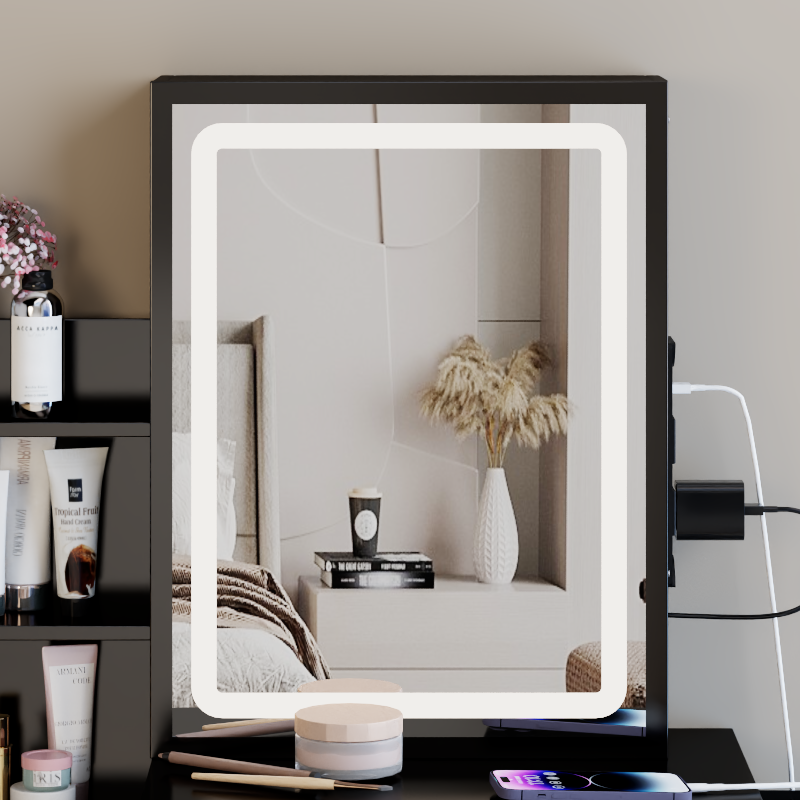 29.2' Small Size Bedside Cabinet Vanity Table + Cushioned Stool, 2 AC+2 USB Power Station, Hair dryer bracket, Extra Large Touch Control Sliding LED Mirror, 3-color Switching, EPA, GCC, UL Certificate - Grand Goldman Shop