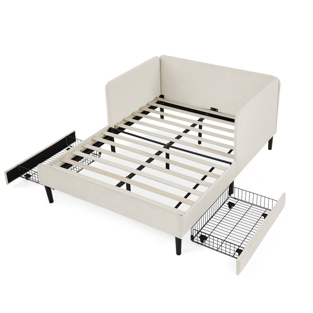 Beige Velvet Upholstered Platform Bed Frame with 2 Storage Drawers and Adjustable Sofa Bed, Full Size - Grand Goldman Shop
