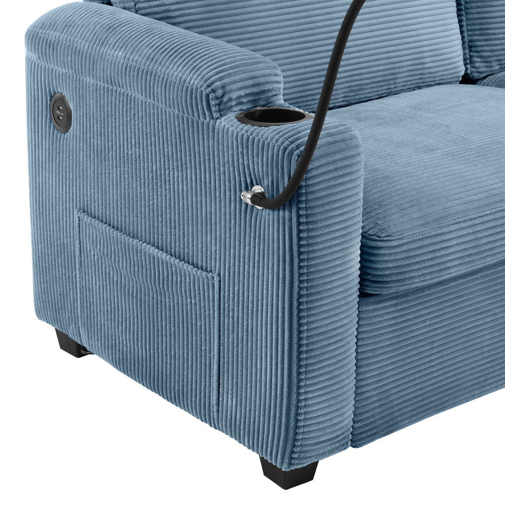 Navy Blue Corduroy Sleeper Sofa Loveseat with Full Size Mattress, USB Ports, Cup Holders, Side Pockets and Phone Holder - Grand Goldman Shop