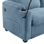 Navy Blue Corduroy Sleeper Sofa Loveseat with Full Size Mattress, USB Ports, Cup Holders, Side Pockets and Phone Holder - Grand Goldman Shop