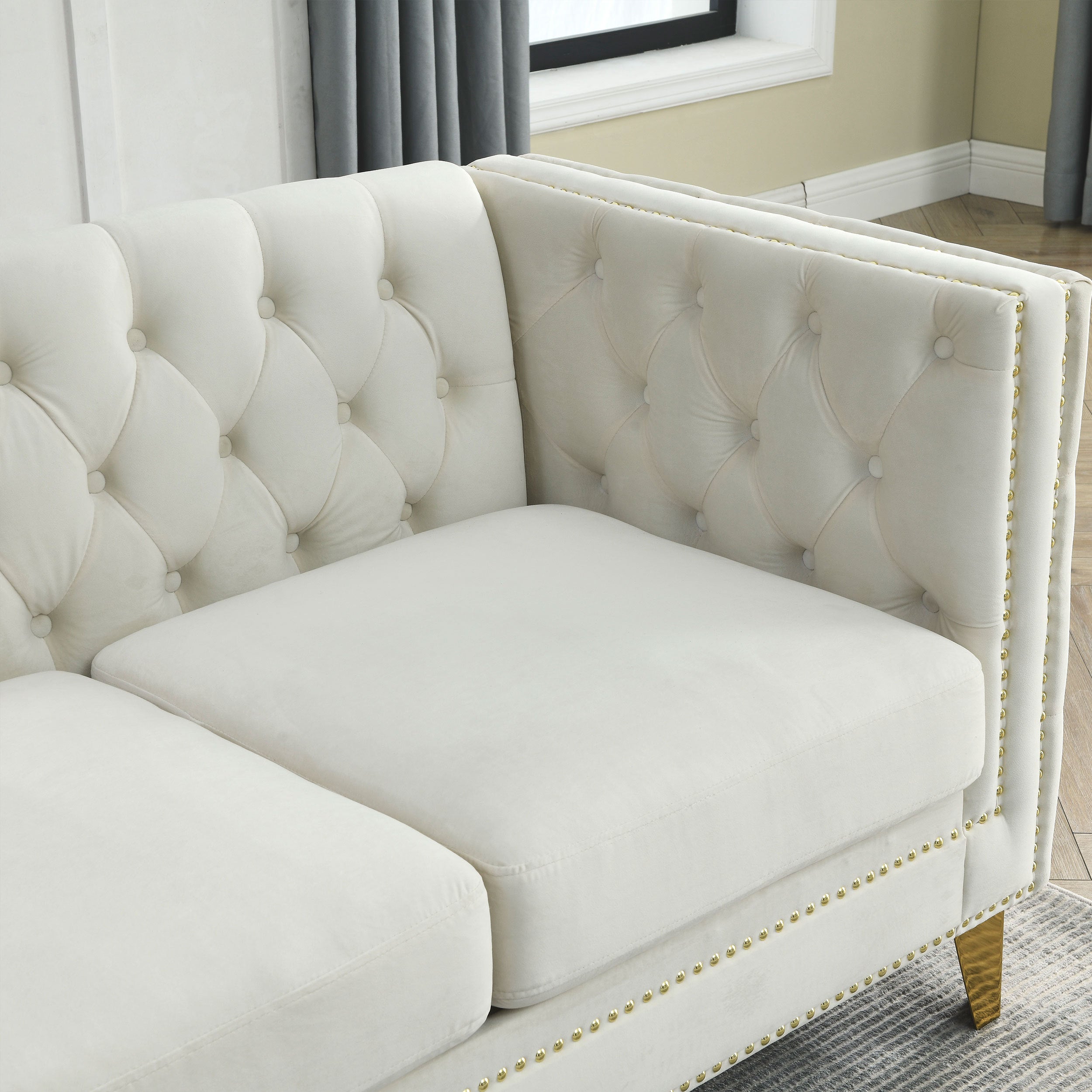 Modern Velvet Sofa with Button Tufting and Metal Legs, Beige Upholstered Couch for Living Room or Bedroom, 3-Seater, W834S00023 - Grand Goldman Shop