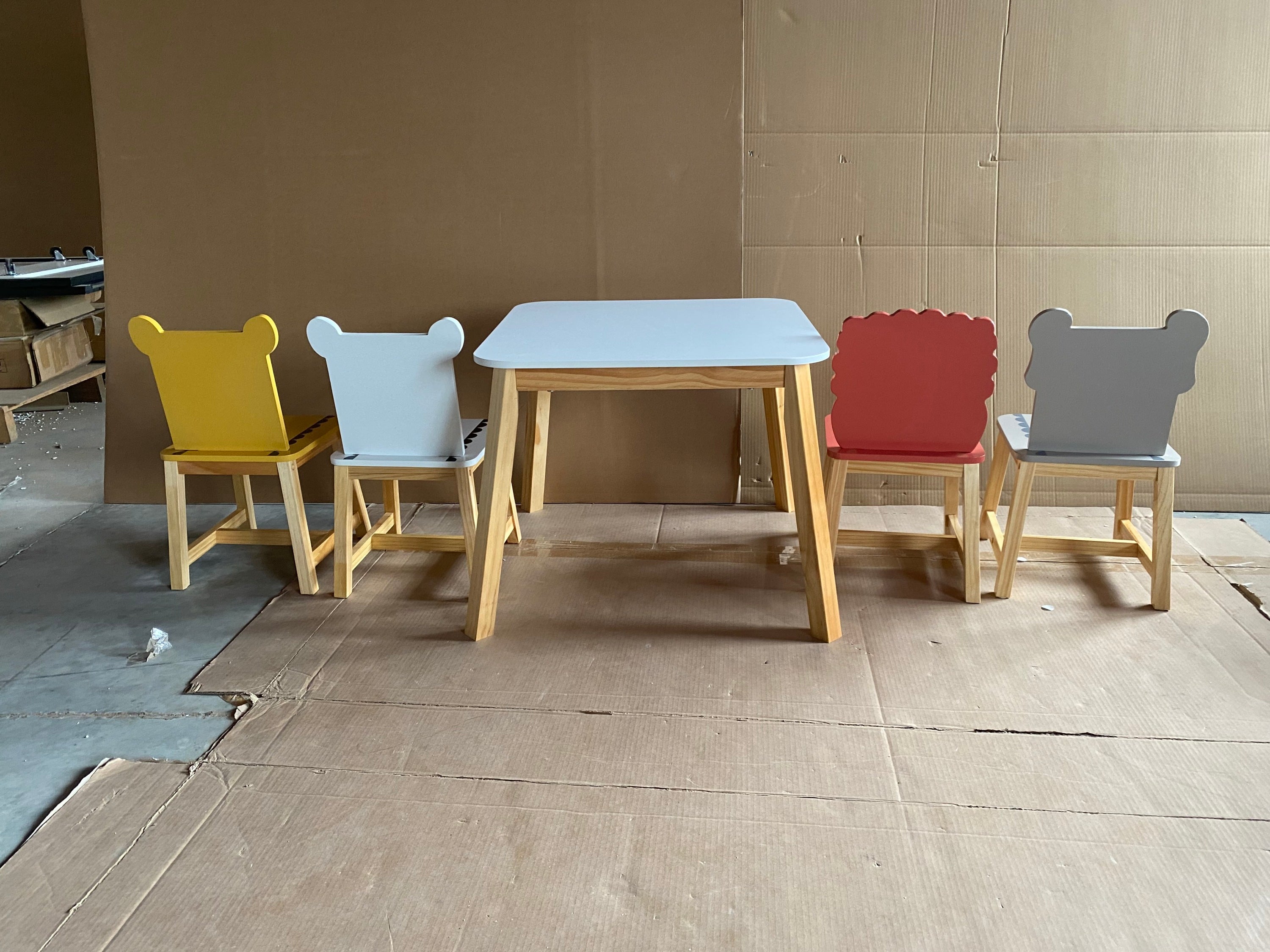 Kids Wood Table and Chair Set with Cartoon Animals Design, White Solid Wood & MDF Furniture for Ages 3-8, 5-Piece Table and C