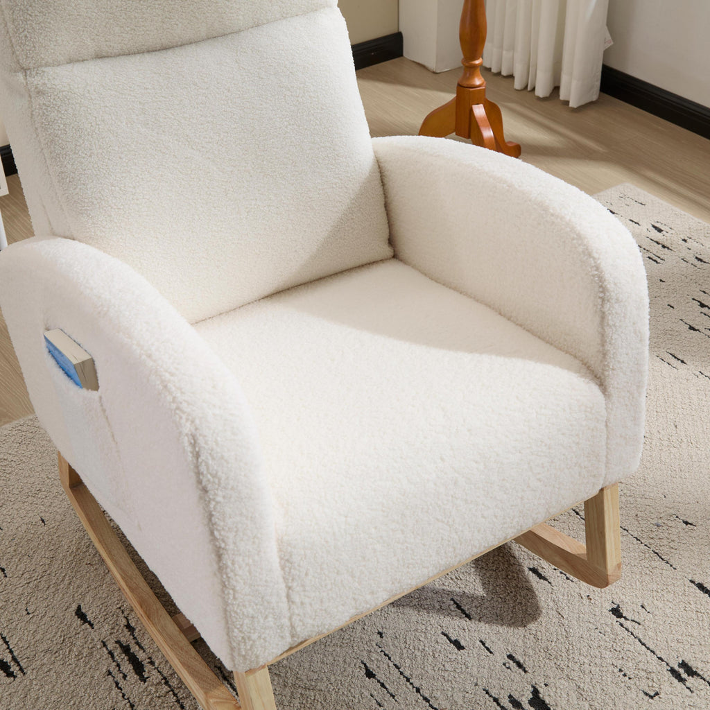 Modern Accent Rocking Chair Rocking Chair with Solid Wood Legs, Upholstered Nursery Glider Rocker, Comfy Armchair with Side Pocket, Living Room Lounge Arm Chair with High Backrest (white,teddy) - Grand Goldman Shop