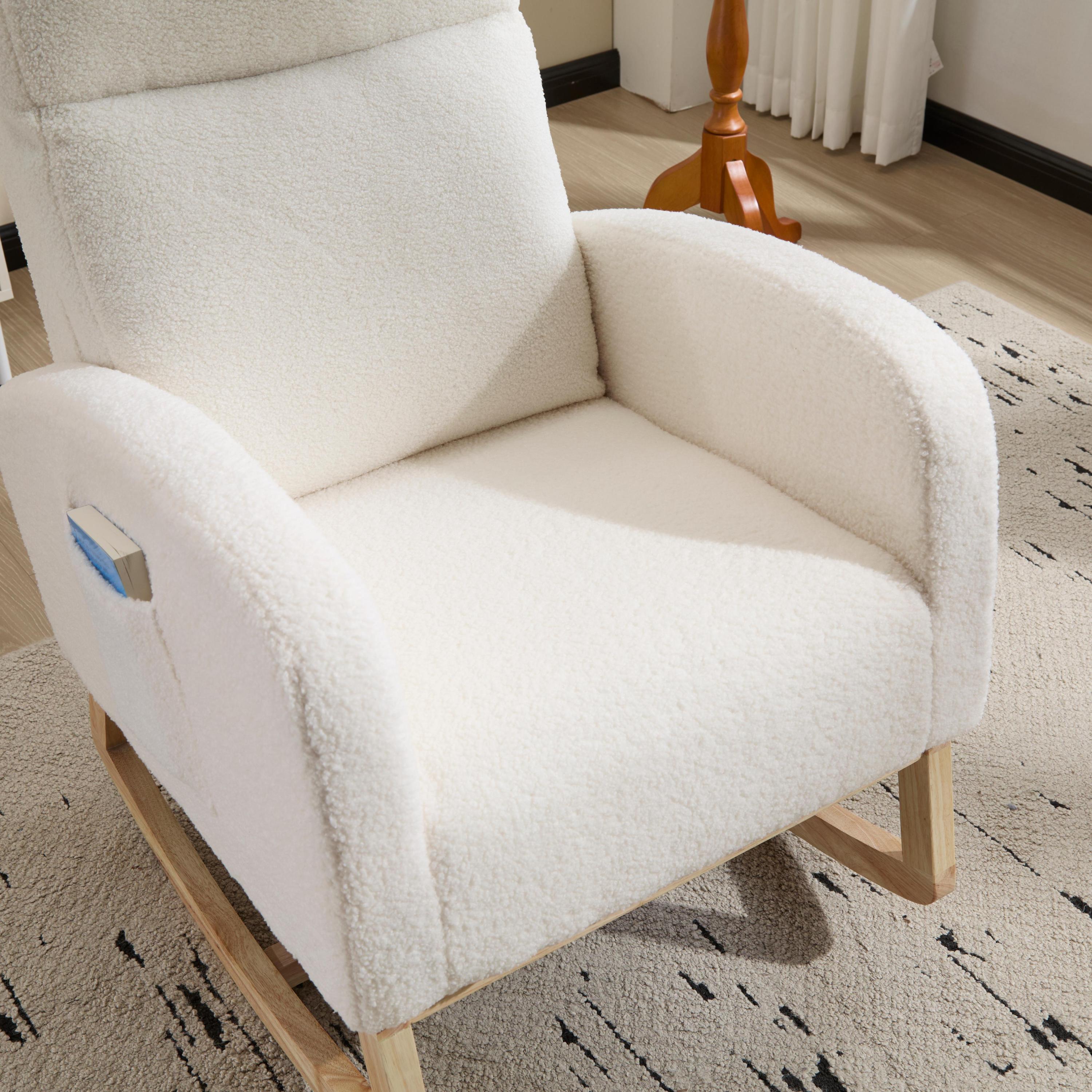 Modern Accent Rocking Chair Rocking Chair with Solid Wood Legs, Upholstered Nursery Glider Rocker, Comfy Armchair with Side Pocket, Living Room Lounge Arm Chair with High Backrest (white,teddy) - Grand Goldman Shop