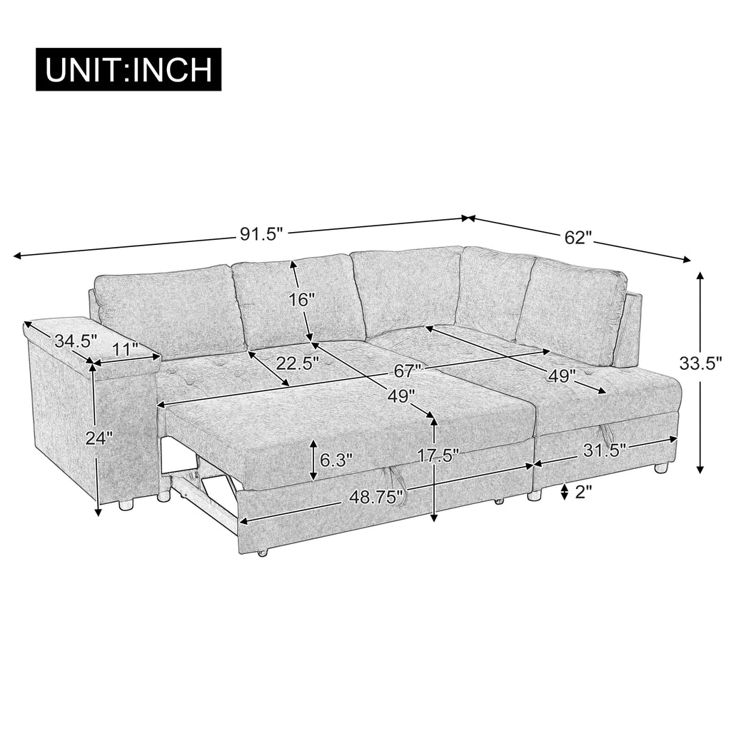 Mirod 91.5-Inch L Shaped Couch with Pull Out Bed and Storage Sectional Sleeper Sofa with Hidden Storage , Wide Armrest with storage,for Living Room, Apartment, Bedroom, Office - Grand Goldman Shop