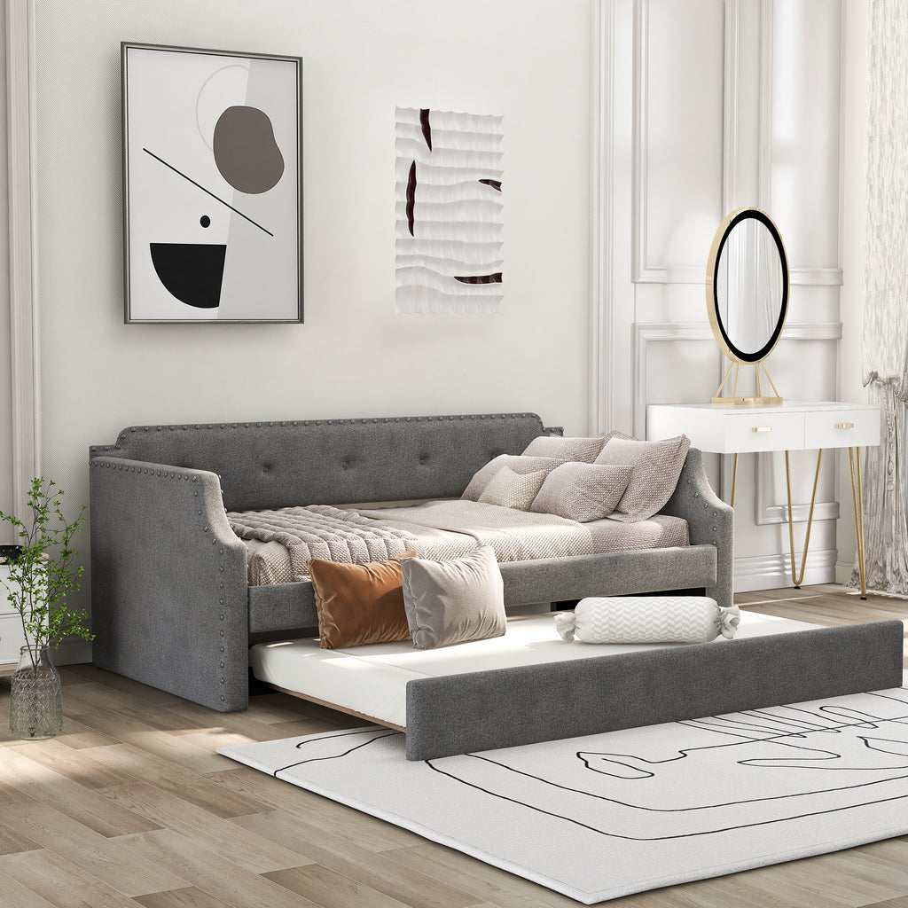 Gray Upholstered Daybed with Trundle, Twin, Wood Slat Support, Linen Fabric Frame Sofa Bed - Grand Goldman Shop