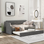 Gray Upholstered Daybed with Trundle, Twin, Wood Slat Support, Linen Fabric Frame Sofa Bed - Grand Goldman Shop