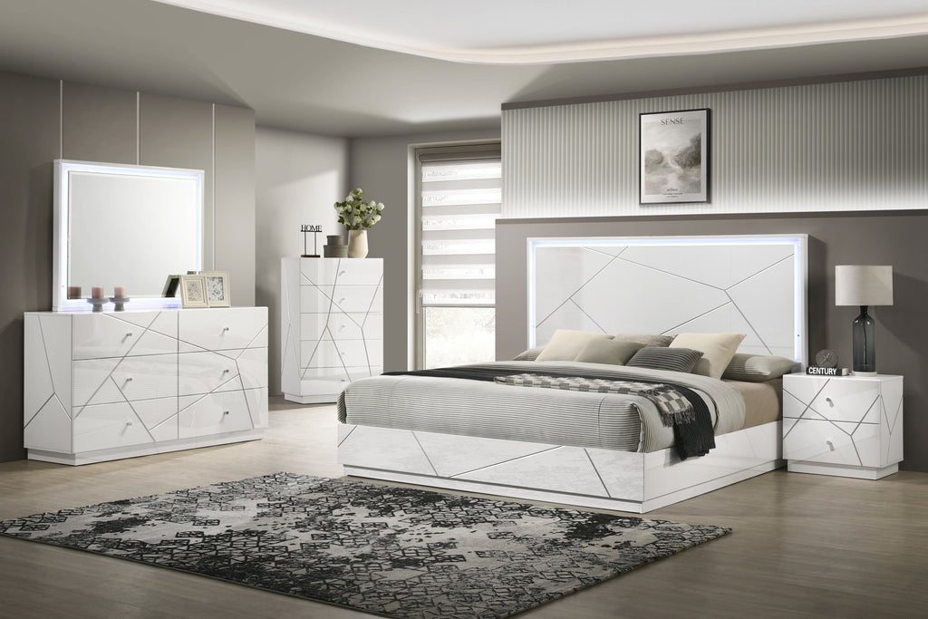 Manhattan Queen 5-Piece Bedroom Set – Modern Design with Lacquer Finish, Geometric Accents, and LED Lighting - Grand Goldman Shop