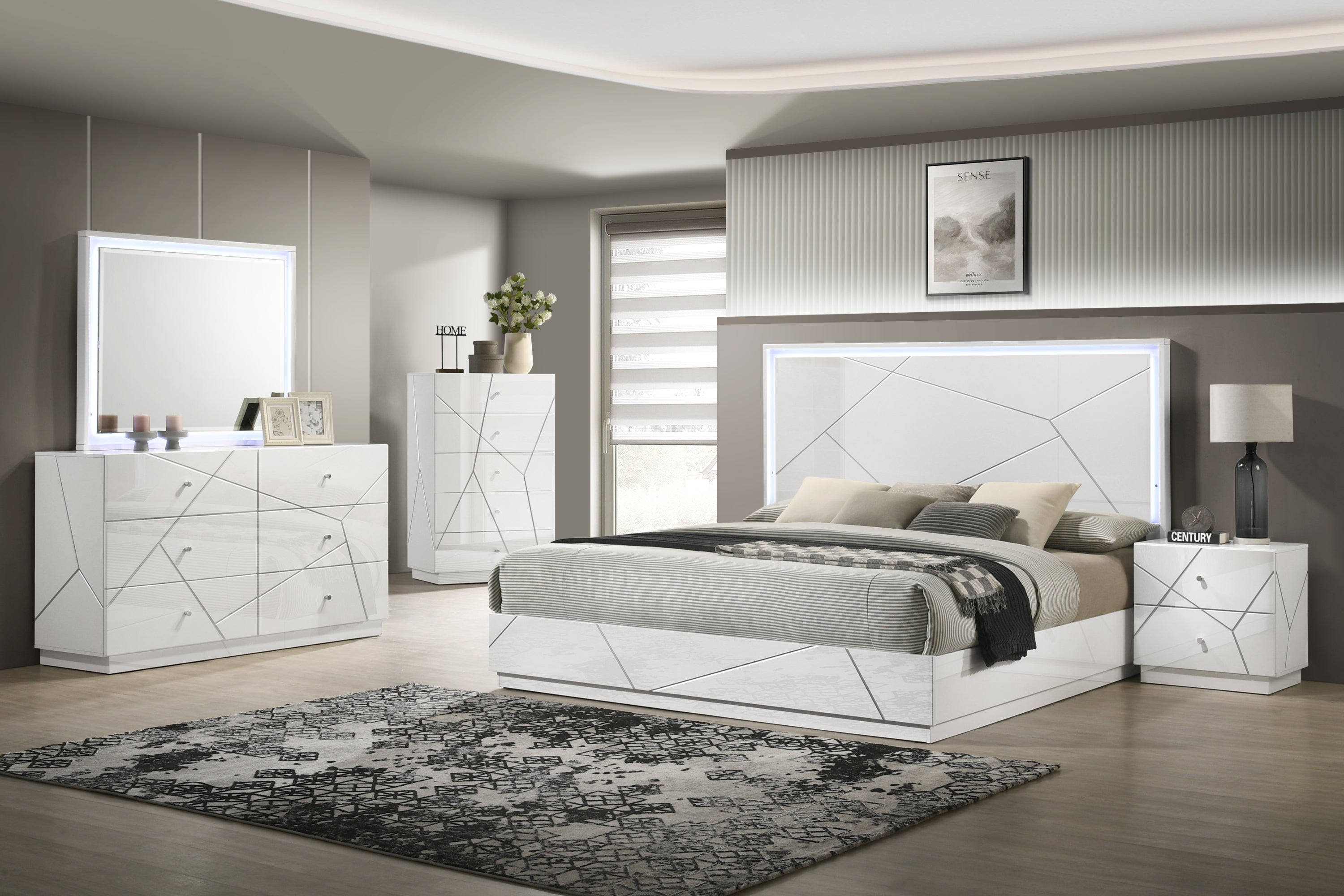 Manhattan Queen 5-Piece Bedroom Set – Modern Design with Lacquer Finish, Geometric Accents, and LED Lighting - Grand Goldman Shop