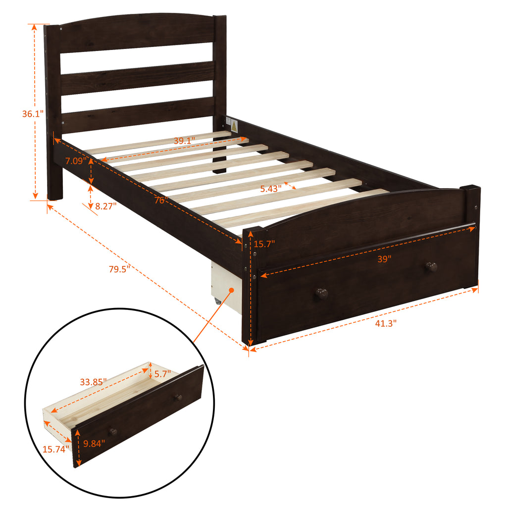 Espresso Platform Twin Bed Frame with Storage Drawer and Wood Slat Support, No Box Spring Needed - Grand Goldman Shop
