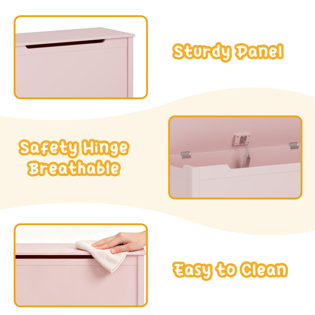 Kids Wooden Toy Box Storage with Safety Hinged Lid for Ages 2+ (Pink) - Grand Goldman