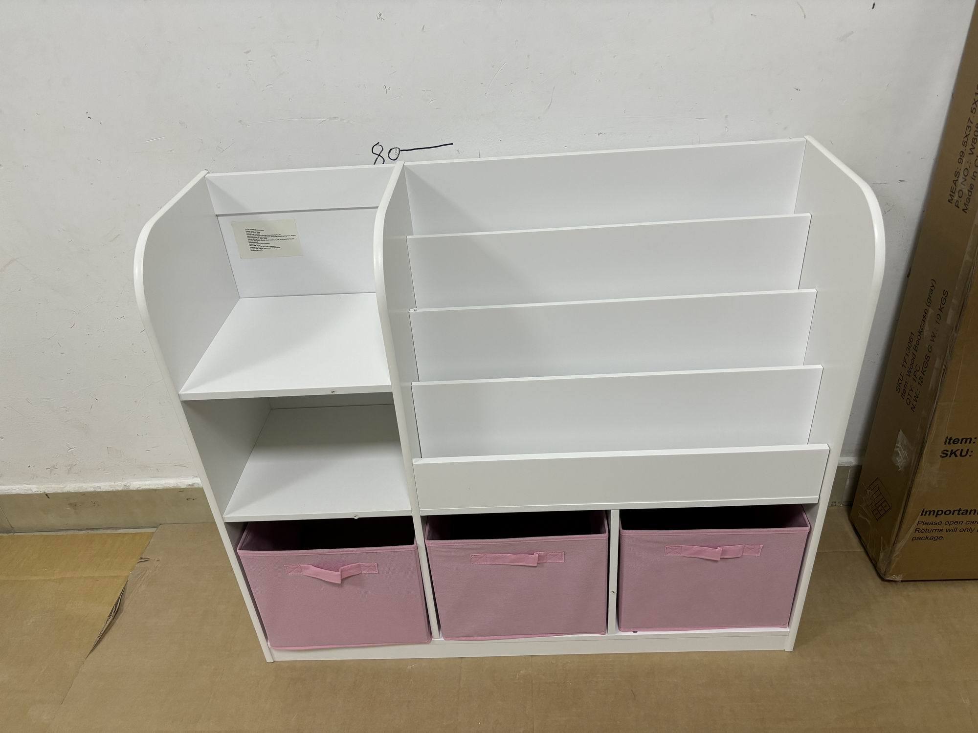 Kids Bookcase and Bookshelf with 3 Collapsible Fabric Drawers, Multifunctional White/Pink Display Stand for Bedroom, Playroom