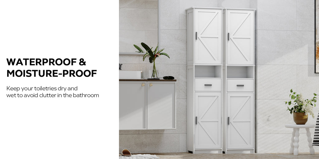 69' H Tall Bathroom Storage Cabinet with 2 Barn Doors and 1 Drawer, Narrow Storage Unit, Adjustable Shelves,Floor Cabinet for Bathroom, Living Room, Entryway,Kitchen,(White) - Grand Goldman Shop