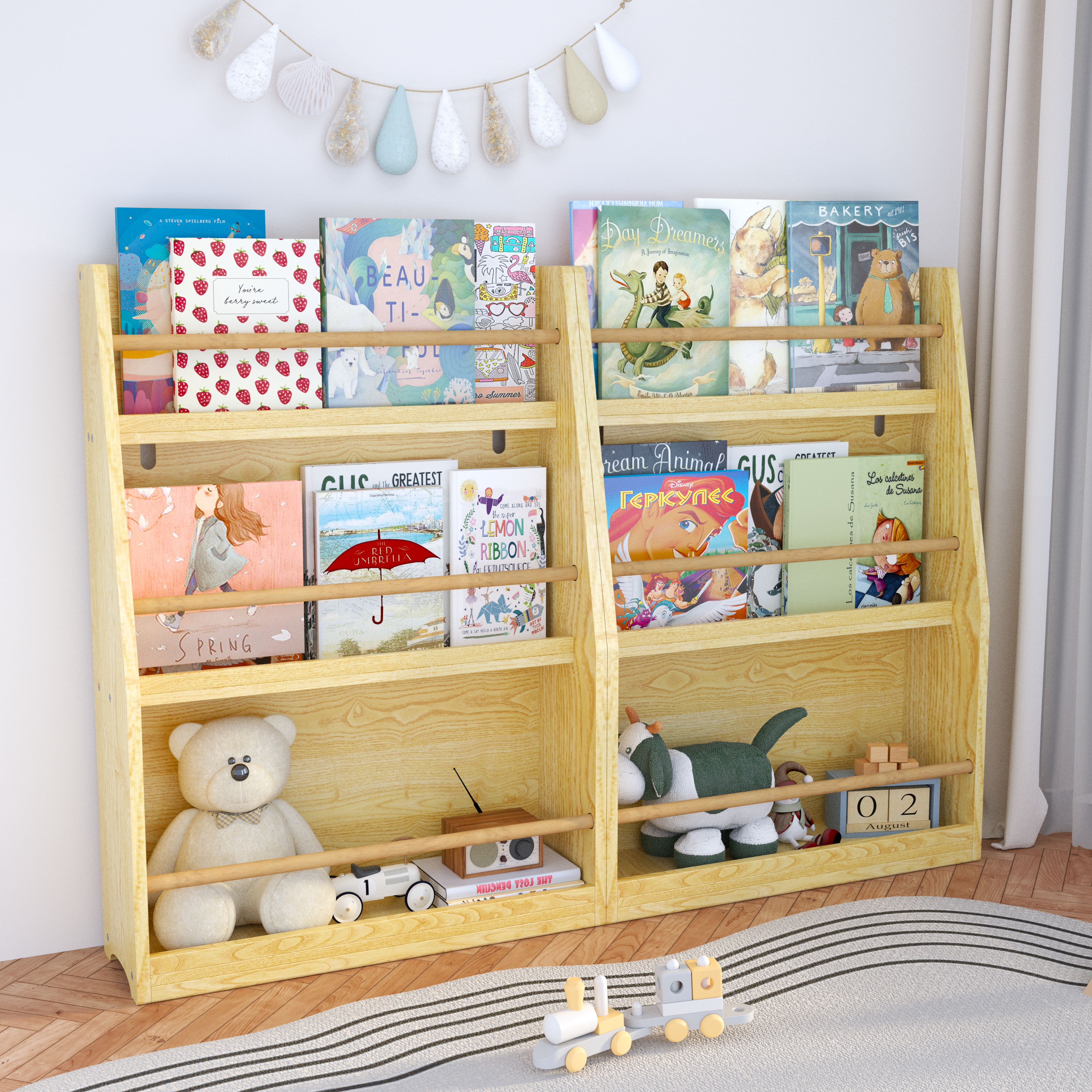 3 Tier Kids Book Shelf, Natural Finish MDF & Pine Wood Storage Rack for Playrooms, Bedrooms, and Classrooms | Premium Home De