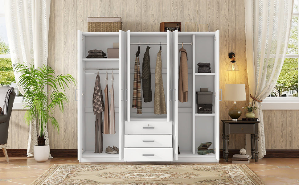 6-Doors Wooden Wardrobe Storage for Bedroom, with Big Drawers, White - Grand Goldman Shop