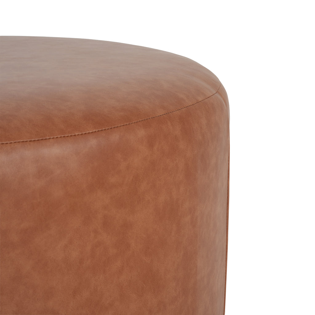 Upholstered Round Ottoman,PU Leather, Cognac Brown - Grand Goldman Shop