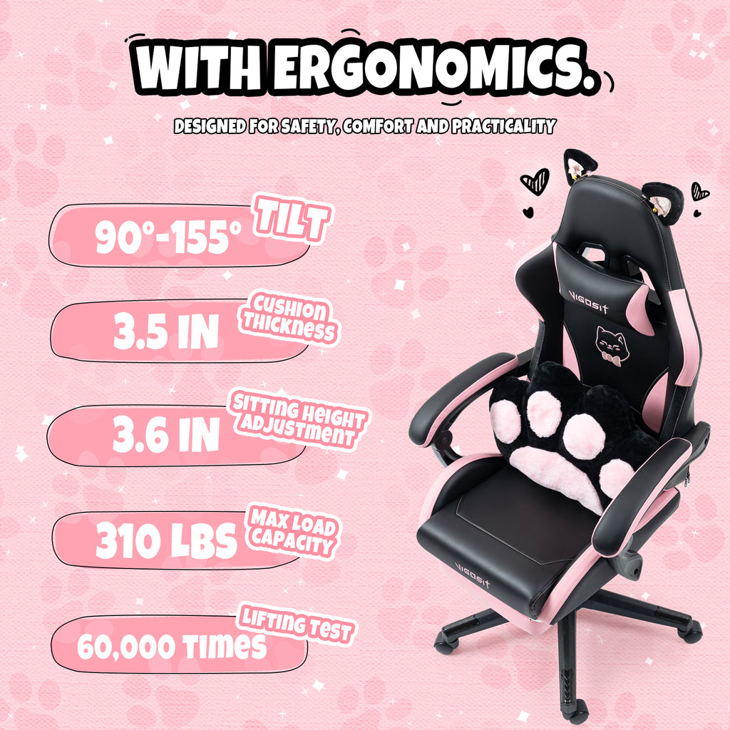 Cute Cat Gaming Chair with Paw Lumbar Cushion, PC Video Gamer Chair for Girl Teen Woman (Black) - Grand Goldman