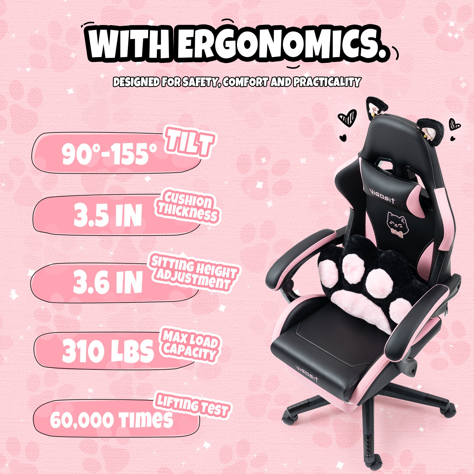 Cute Cat Gaming Chair with Paw Lumbar Cushion, PC Video Gamer Chair for Girl Teen Woman (Black) - Grand Goldman