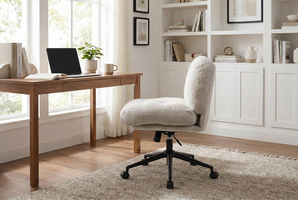 Cross Legged Office Chair No Arms, Adjustable Swivel Wider & Thickened, Ergonomic Desk Chair for Home Office, Vanity,White | 