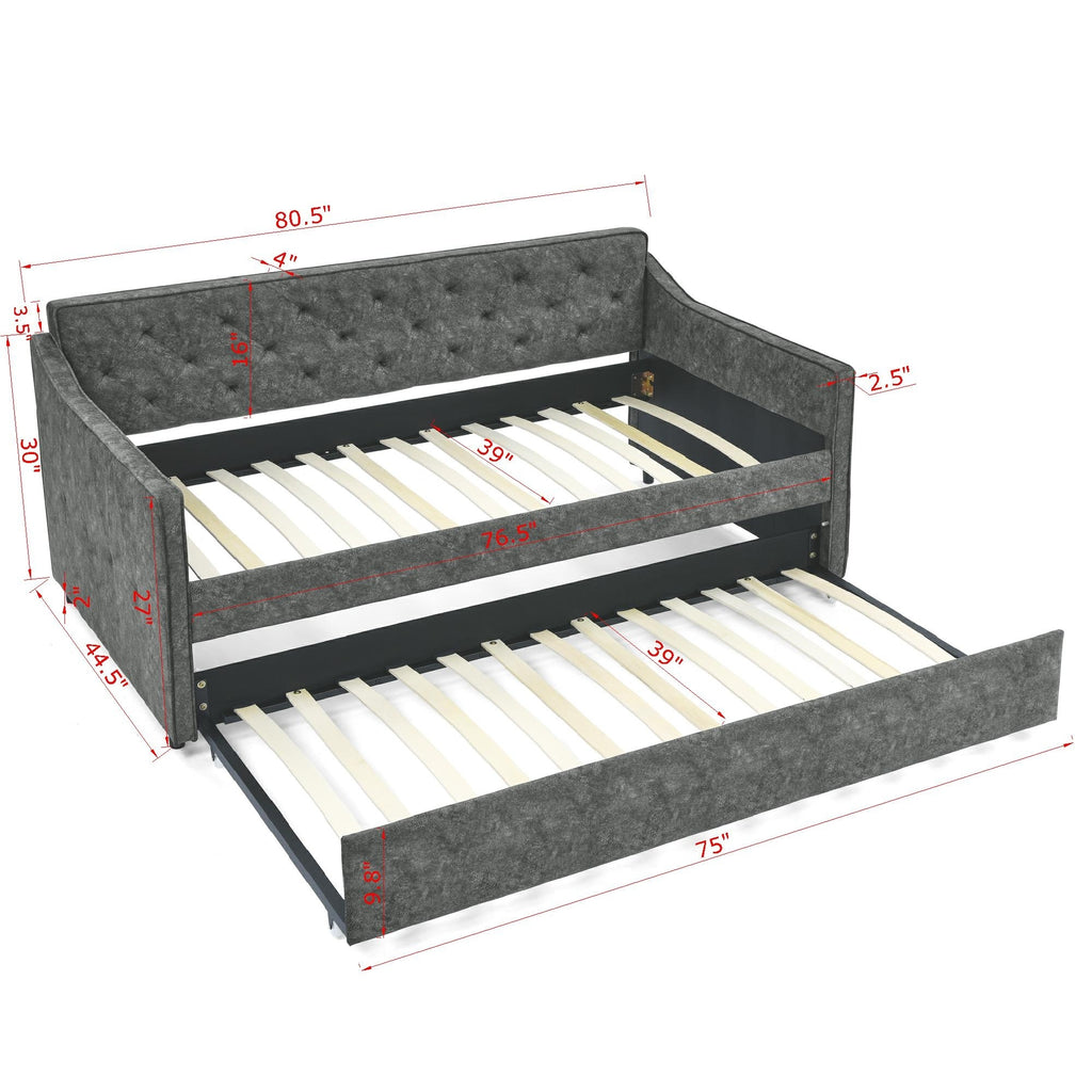 Mid-Century Grey Upholstered Twin Daybed with Trundle, Waved Arms, Eucalyptus Wood Frame, 80.5''x44.5''x33.5'' - Grand Goldman Shop