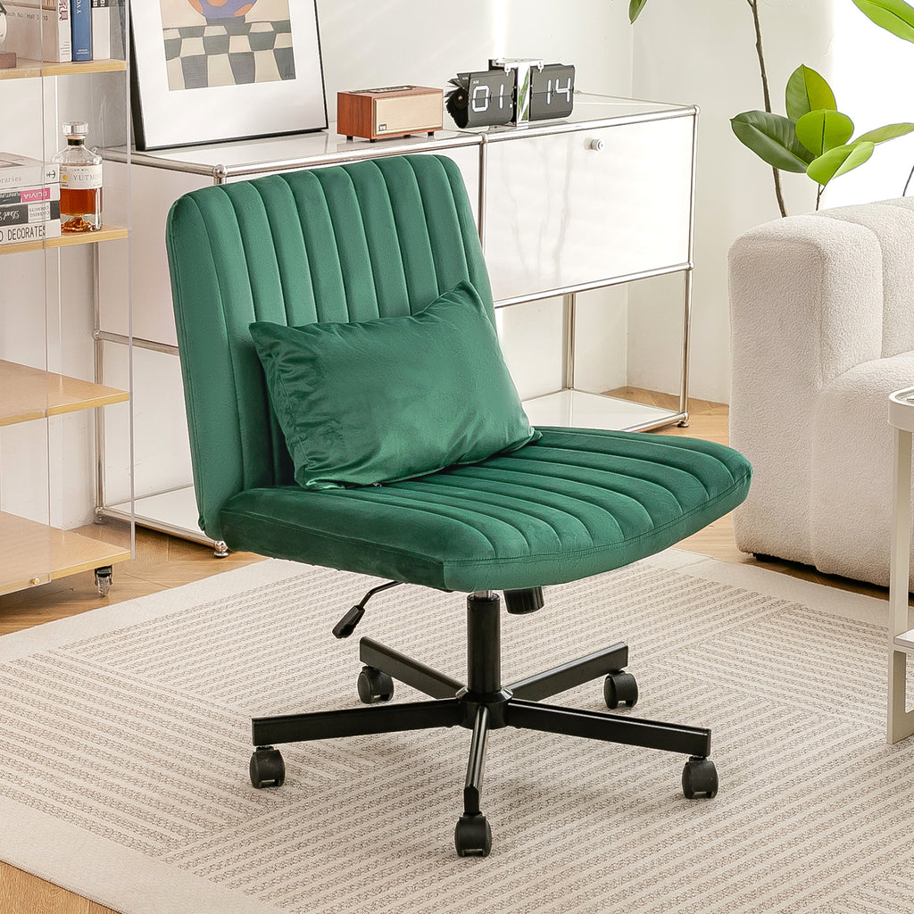 Green Velvet Criss Cross Armless Office Chair with Wheels - Comfortable & Stylish for Home Office, Meditation, and Makeup Use
