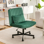 Green Velvet Criss Cross Armless Office Chair with Wheels - Comfortable & Stylish for Home Office, Meditation, and Makeup Use