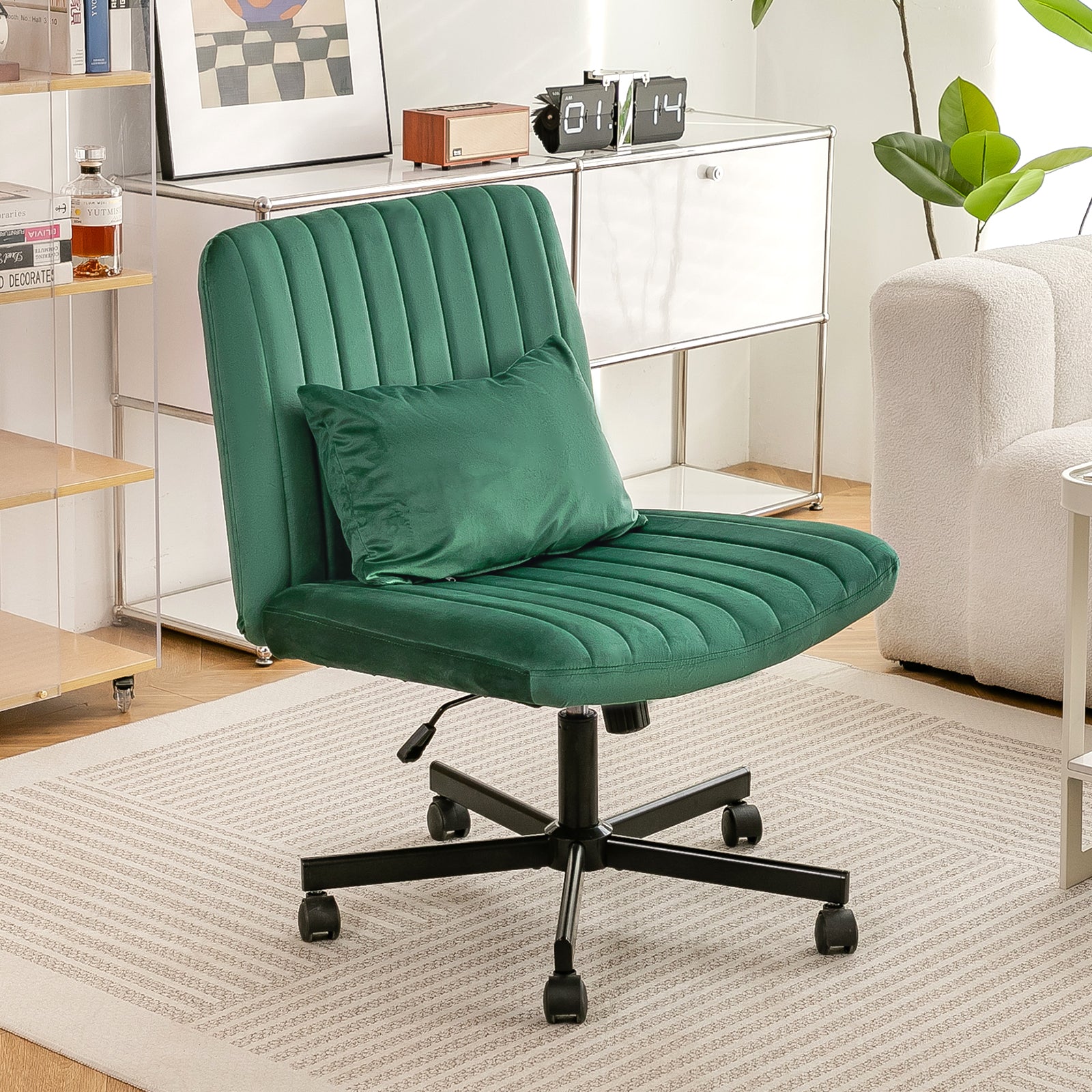 Green Velvet Criss Cross Armless Office Chair with Wheels - Comfortable & Stylish for Home Office, Meditation, and Makeup Use