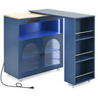 K&K Rolling Kitchen Island With Extended Table, Kitchen Island on Wheels with LED Lights,Power Outlets and 2 Fluted Glass Doors, Kitchen Island with a Storage Compartment and Side 3 Open Shelves, Navy - Grand Goldman Shop