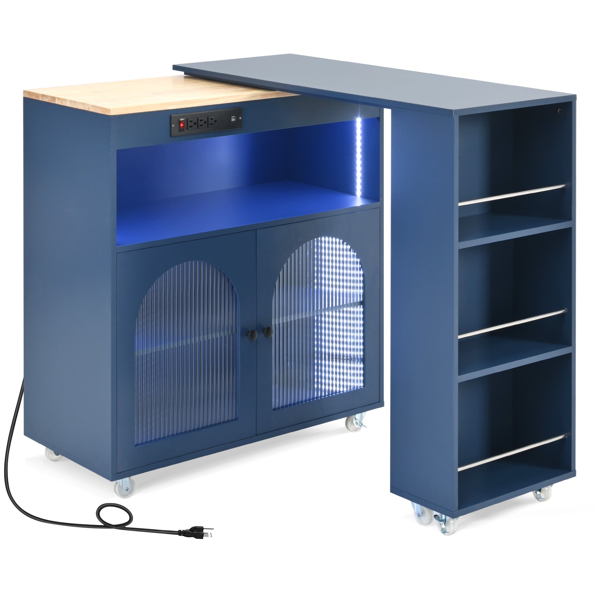 K&K Rolling Kitchen Island With Extended Table, Kitchen Island on Wheels with LED Lights,Power Outlets and 2 Fluted Glass Doors, Kitchen Island with a Storage Compartment and Side 3 Open Shelves, Navy - Grand Goldman Shop
