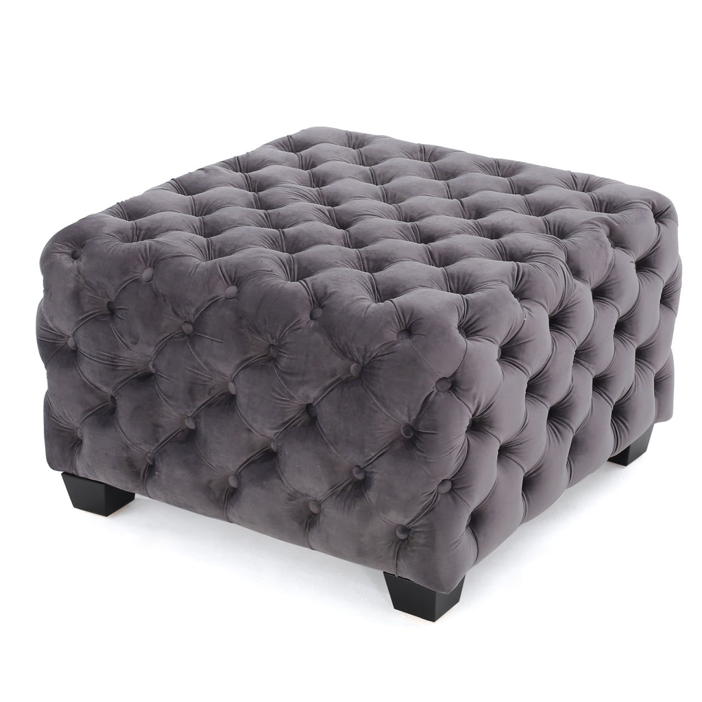 Modern Glam Velvet Ottoman with Button-Tufted Diamond Stitch Design in Grey - Grand Goldman Shop