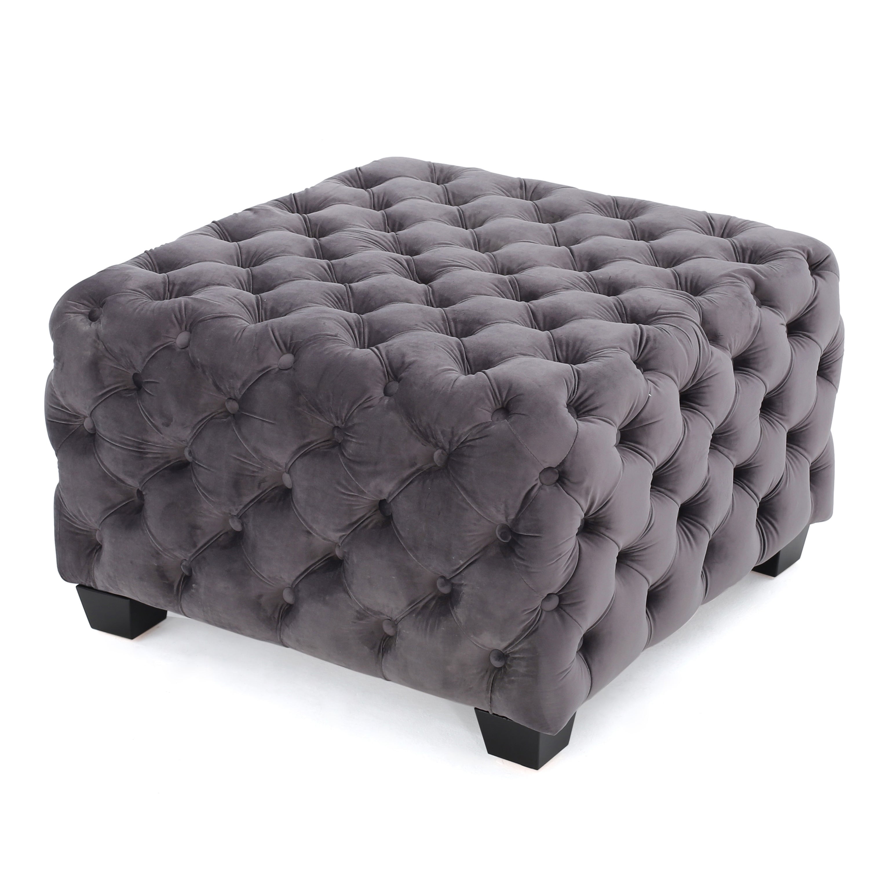 Modern Glam Velvet Ottoman with Button-Tufted Diamond Stitch Design in Grey - Grand Goldman Shop
