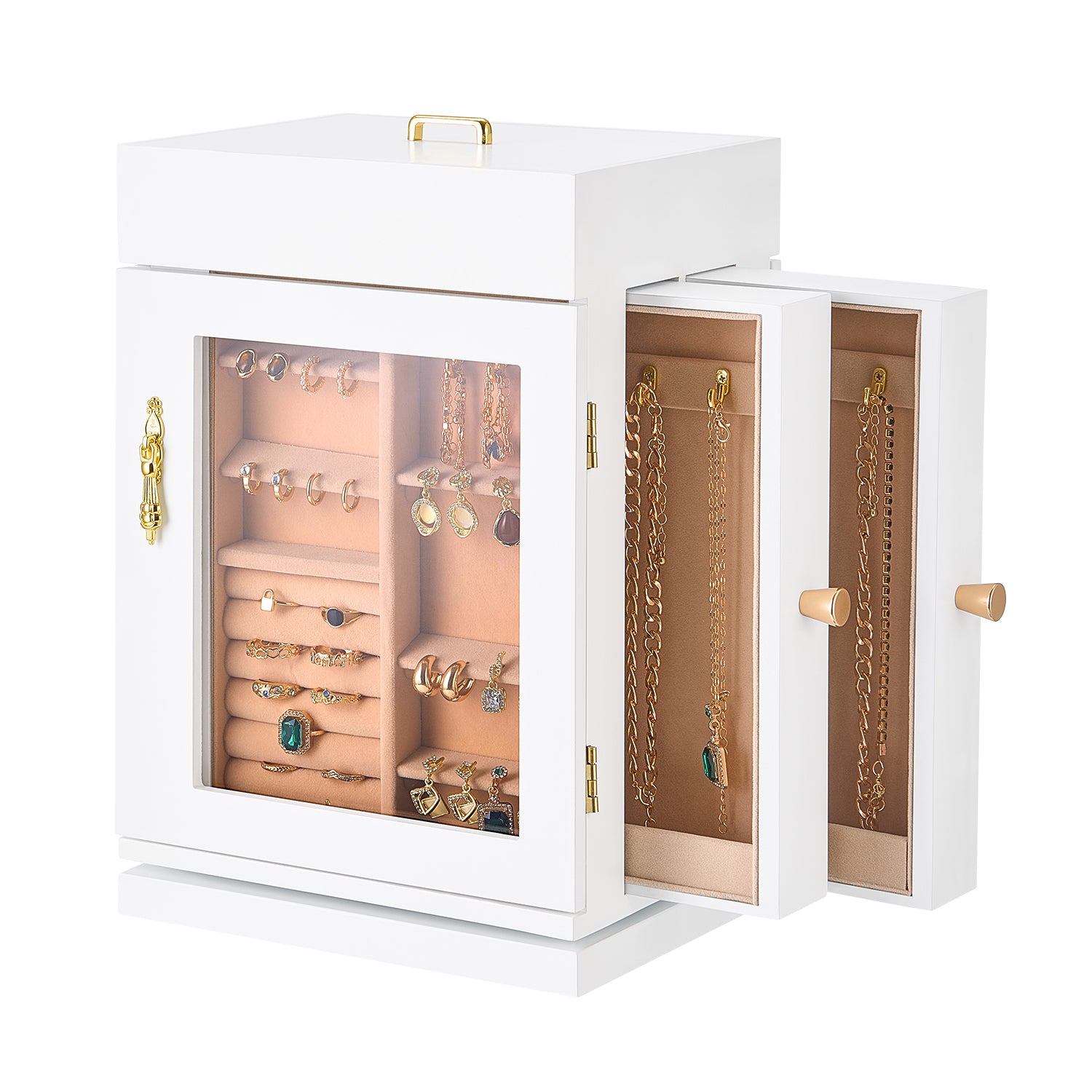 Jewelry Box 360° Rotating Jewelry Organizer with Built-in 4 Necklace Hooks White - Grand Goldman Shop
