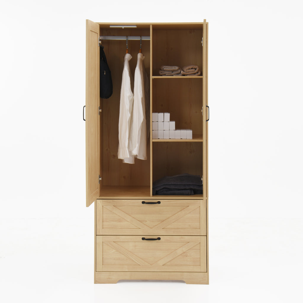 2 Door Wood Wardrobe for Bedroom with Hanging Clothing Rod inside the Cabinet and 2 Drawers for Storage Organization, Built-in induction light Multifunctional Closet with Mirror, Natural - Grand Goldman Shop