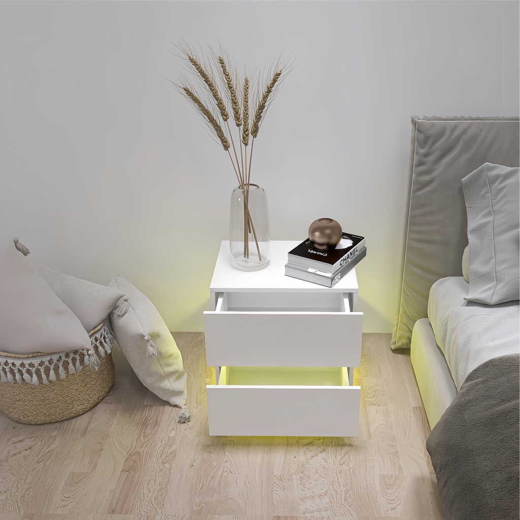 White Color High Glossy 2 Drawers Bedside Table with RGB Led Light Nightstand with Bluetooth Control - Grand Goldman Shop